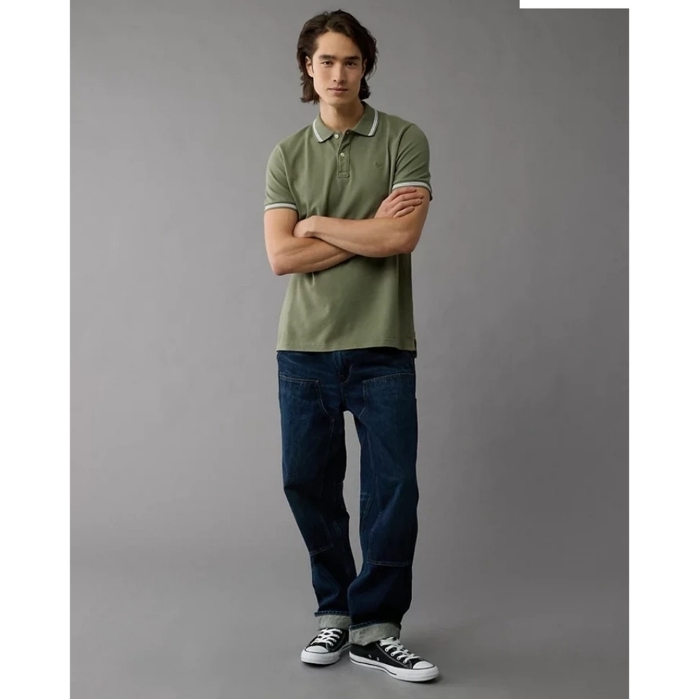 American Eagle Lived In Stretch Slim Fit Tipped Polo Shirt Size Large